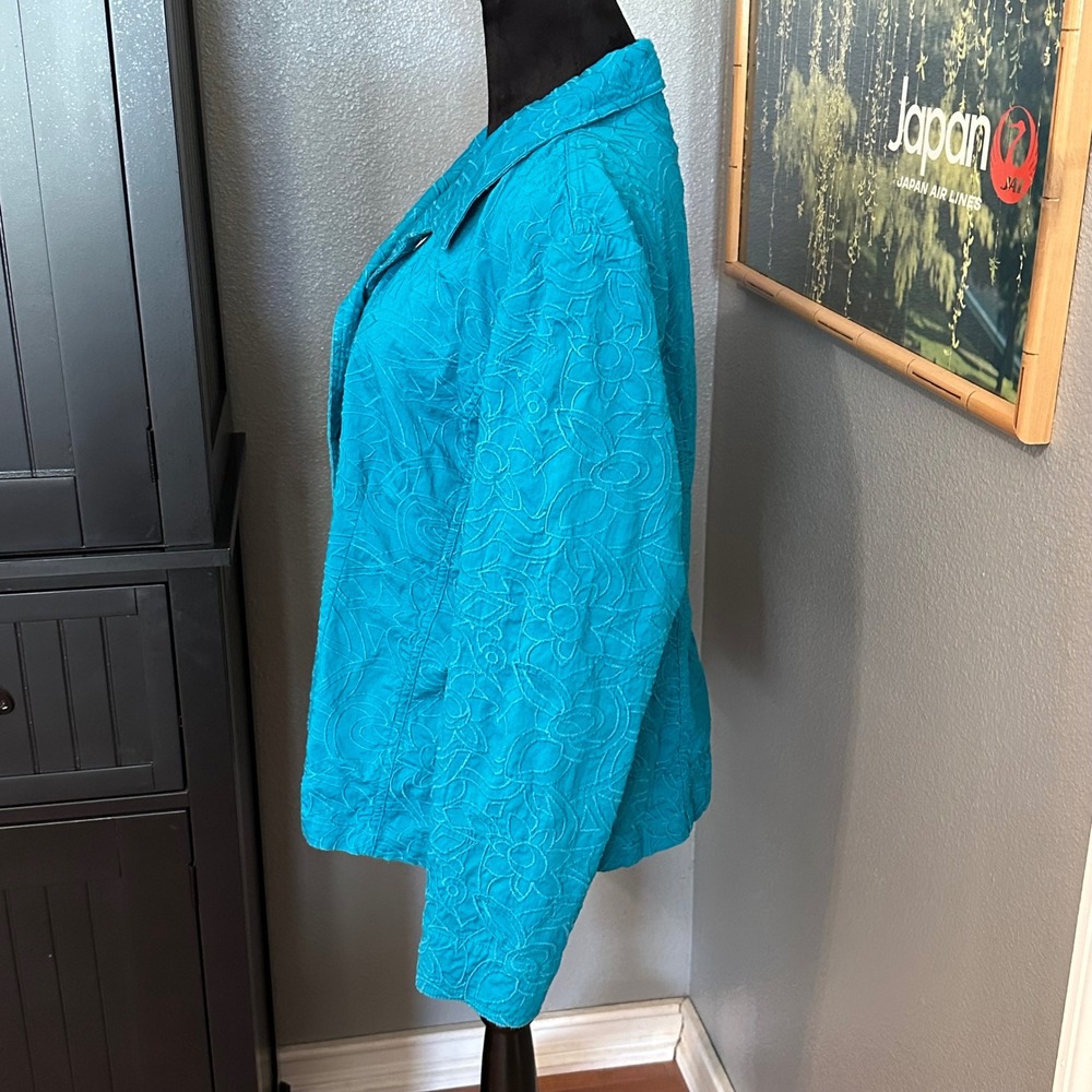 Chico's Button Front Jacket Women Size 3 Teal Blue Embroidered Cotton Stretch - Picture 3 of 8